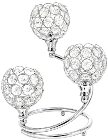 Silver 3-Arm Crystal Candle Holder – Modern Tea Light Centerpiece with Sparkling Bowls for Weddings, Anniversaries, Dining Table, Party & Home Decor
