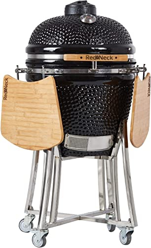 RedNeck Keramik Grill (47cm Grillfläche), BBQ Grill, Edelstahl Anbauteile, Bambus Ablagen, Thermometer Spezialdichtungen (bis zu 400°C), schwarz