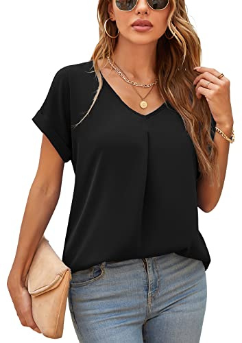 Yommay Camicette estive da donna eleganti, casual, a maniche corte, in chiffon, top, maglietta, 01 nero., M
