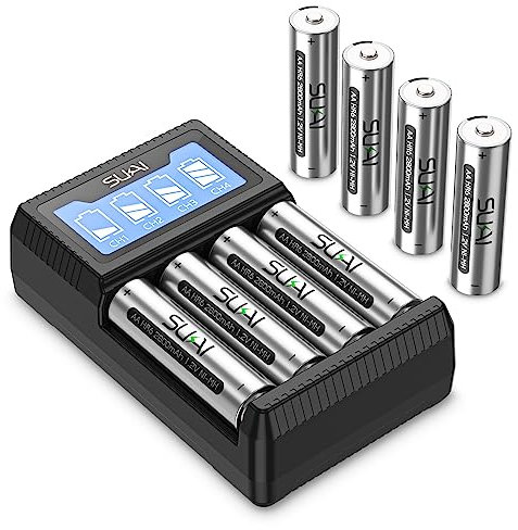 SUKAI 4 Bay Battery Charger for AA AAA Ni-MH Ni-CD Rechargeable Batteries with 4 Pack 2800mAh AA Rechargeable Batteries and 4 Pack 1100mAh AAA Battery