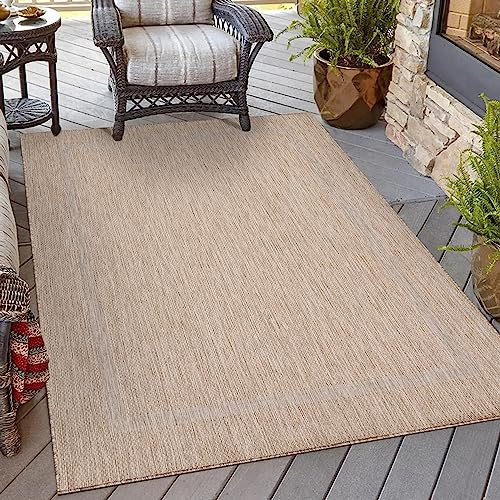 HomebyHome Outdoor Teppich Wetterfest 240x340 cm Beige Bordüre Design Flachgewebe Waschbar XL Groß für Wohnzimmer Esszimmer Terrasse Garten
