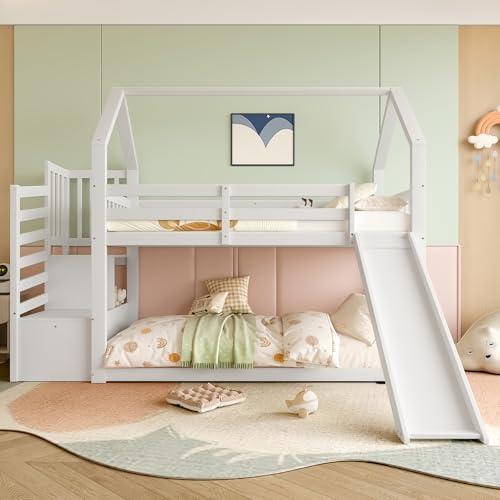 Dolamaní Hochbett mit Rutsche und Treppe, Etagenbett 90x200cm, Kinder Hausbett, Kinderbettmit Sicherheitsgeländer, Etagenbett für Jungen und Mädchen Kinder Jugendliche, (Weiß)