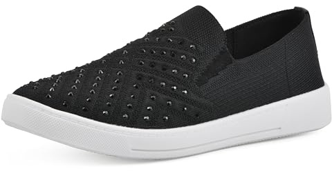 WHITE MOUNTAIN Women's Upbring Rhinestoned Woven Knit Sneaker, Black/Fabric, 8.5 M