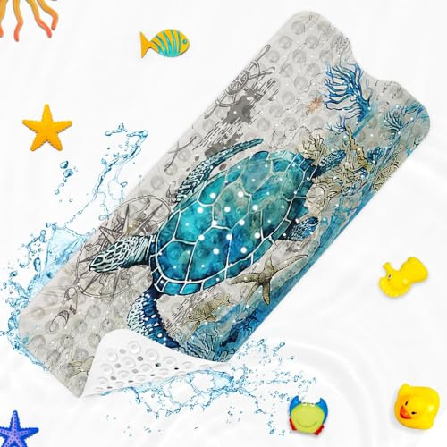 Britown Bathtub Mat, Blue Sea Turtle, 40 X 16 Inch, Extra Long Non-Slip Bath Mat for Kids with Suction Cups and Drain Holes, PVC Material