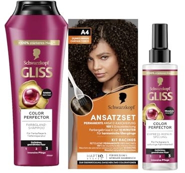 Schwarzkopf Ansatzset A4 Dunkelbraun Stufe 3 (45 ml) Haaransatz kaschieren in nur 10 Minuten & Gliss Shampoo (250 ml) & Express-Repair-Spülung (200 ml) Colour Perfector, Hitzeschutz (230 °C)