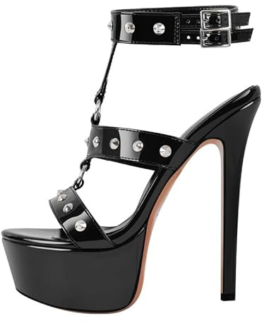 blingqueen Damen Punk Sandaletten Plateau Stiletto Sandalen High Heels Riemchensandalen mit Nieten Metallic Lack Schwarz 42 EU