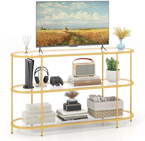 COSTWAY 3-stöckiger TV-Schrank, Fernsehtisch für Fernseher bis zu 65 Zoll, TV-Tisch mit gehärteten Glasregalen, TV-Regal für Wohnzimmer, Schlafzimmer & Flur, Gold, 140 x 41 x 82 cm