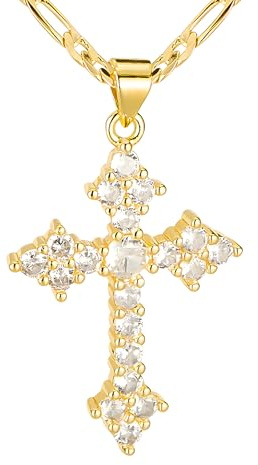 Kyhvoux 14K Gold Plated Women's Cross Necklace, Cubic Zirconia Copper Cross Pendant, Valentine's Mother's Day Gifts for Her with Jewelry Box Figaro Link Chain, Alloy Brass CZ Diamond Bridal Wedding