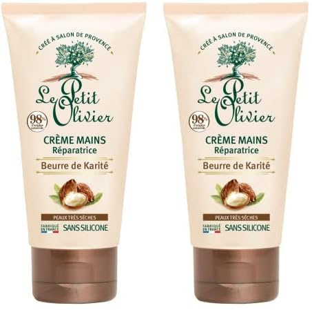 LE PETIT OLIVIER - Crème Mains Réparatrice - Beurre De Karité - Soulage, Répare & Hydrate - Peaux Très Sèches - 98% D'Origine Naturelle - Sans Silicone - Fabriqué en France - 75 ml (Lot de 2)