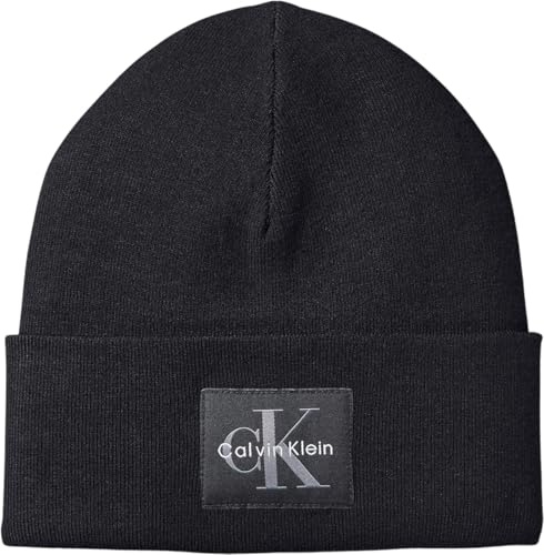 Calvin Klein Herren Strickmütze Monologo Patch Beanie Feinrippstrick, Schwarz (Black), Einheitsgröße
