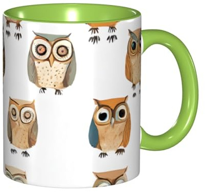 DZBDWZXH Tazas de café de cerámica verde de 11 onzas, (búhos de dibujos animados lindos), taza de café de restaurante para café, capuchino, té, cacao, cereales