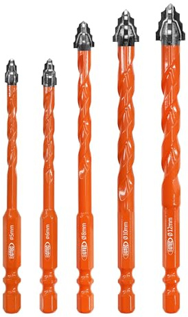 BGTEC Punte Eccentriche a denti di Sega a Quattro Taglienti - 5 pezzi Punte per Piastrelle Ø 5/6/8/10/12 mm per legno plastica mattoni piastrelle vetro calcestruzzo marmo