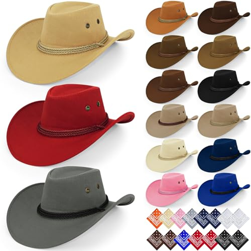OJMHD 15 Stück Cowboy Hut Zubehör Set, Western Cowboyhut mit 15 Bandana für Erwachsene, Cowboyhüten Partyhut Kostüm mit Halstuch für Damen Herren Karneval Geburtstag Western Part Wild West Fasching