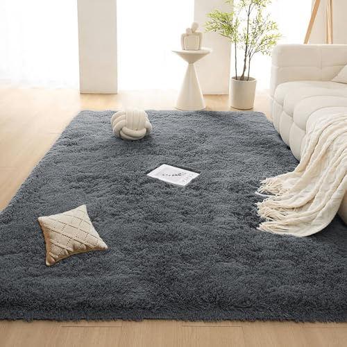 ZHIQXUE Teppich Shaggy 120 x 180 cm Flauschig Flauschiger Fellteppich Fell Imitat Kunstfell Hochwertiger für Schlafzimmer Kinderzimmer Lounge, Dunkelgrau