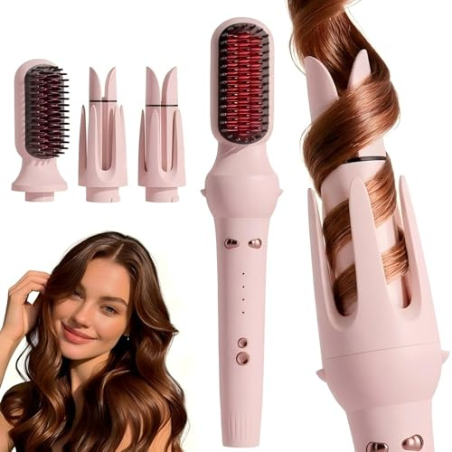 3 in 1 Automatic Hair Curler, Curling Wand with 32mm/36mm Ceramic Barrel, Hair Straightener Brush, 360° Rotating Curling Iron with 4 Temps Fast Heating(Pink)