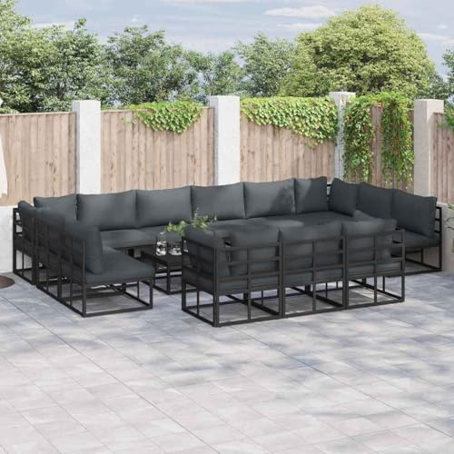 Tonture Garten-Sofa-Set 14-teilig Schwarz Aluminium, Modulares Outdoor Loungesofa mit Anthrazit Kissen, Wetterfest für Terrasse Balkon, Große Sitzgruppe