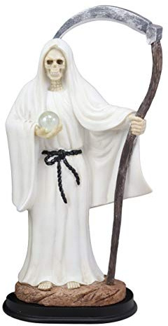 Ebros Gift 12.75 Tall Holy Death Santa Muerte Holding Scythe in White Tunic Robe Statue Day of The Dead Decorative Figurine Symbol of Purity Healing and Courage