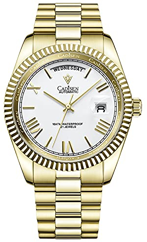 CADISEN Automatik Uhr Herren Mit Gangreserve Automatik Saphirglas Wasserdicht Edelstahlarmband (Goldene weiße Nudeln)