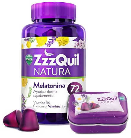 ZzzQuil Natura Gummies de Melatonina 1mg con Valeriana, Complemento Alimenticio para dormir sabor Frutos del Bosque, 72 Gummies y Cajita de Viaje