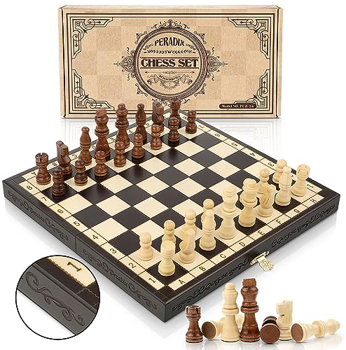 Peradix Schachbrett Holz Hochwertig, klappbar Schachspiel 29x29cm - Handgefertigt Schach Set für Kinder und Erwachsene,Reiseschach Weihnachts Geschenk