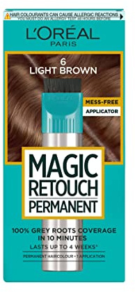 L'Oréal Paris Magic Retouch Instant Root Spray, Light Brown 6. Gives flawless coverage for grey regrowth in 3 seconds. This 75ml spray offers quick, easy, and natural-looking root touch-up.