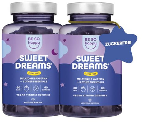 Melatonin Gummies 0,5mg für den Schlaf,120 Tage Doppelpack, Extra Leckere mit Baldrian + Passionsblume + Kamille + Lavendel + Vitamin B6, Blaubeergeschmack, 120 leckere Gummibärchen, Vegan, BeSoHappy®
