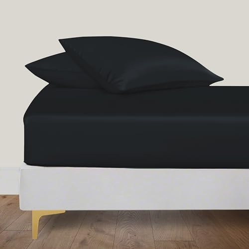 LINENWALAS Double Fitted Sheet 140x190 cm, 100% Organic Bamboo Silk Bed Sheet for Double Size Bed, Up to 40 cm Deep Pocket Bottom Sheet, Soft, Cooling Hypoallergenic Bedding (Jet Black)
