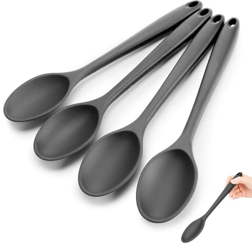 4 PCS Large Silicone Spoons for Cooking, Serving Spoons, Nonstick Heat Resistant Spoons Kitchen Spoon, Heat-Resistant Cooking Spoons for Baking Stirring, Scooping and Mixing (Black 27.5 * 5.5cm)