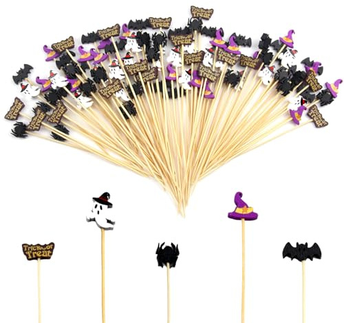 chenyu 200 Palitos de Cóctel de Halloween 12 cm Palillo Decorativo Sombrero de Bruja Murciélago Fantasma Decoración de Cóctel Palillo de Dientes Fiesta