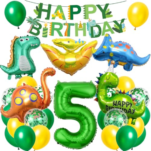 Dino födelsedagsdekoration 5 år, XXL dinosaurusdekoration barnfödelsedag, födelsedagsdekoration för pojkar 5 år, folieballong dino 5 med Happy Birthday-banner för dinosauriefest