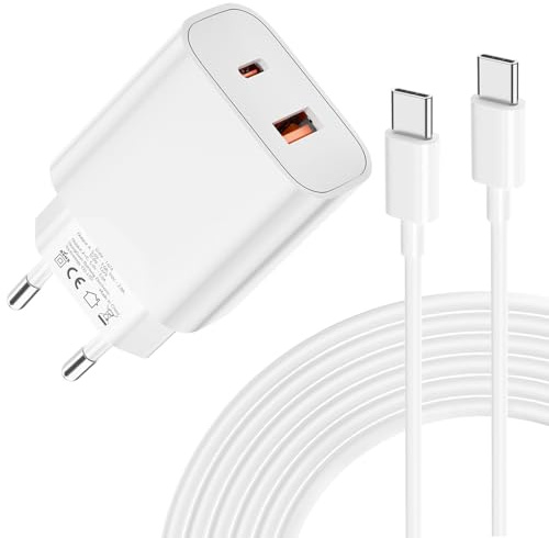 Cargador USB C de 20W - Carga Súper Rápida de Doble Puerto con Cable USB C de 2M, Adecuado para iPhone 16/15, para Samsung Galaxy, para iPad, para Pixeli etc (Blanco)