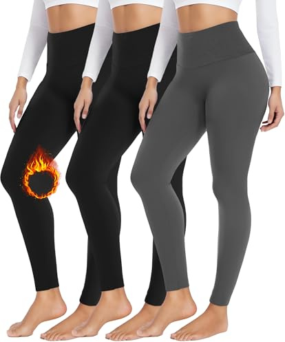 FULLSOFT 3 Pack Seamless Fleece Lined Leggings Women High Waisted Workout Winter Warm Thermal Yoga Pants(3 Pack Black,Black,Dark Grey,Large-X-Large)
