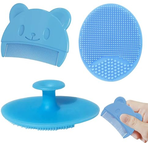 3 PCS Baby Cradle Cap Brush, Baby Comb, Silicone Face Scrubbers, Silicone Massage Brush, for Bathing Newborns & Toddlers(Blue)