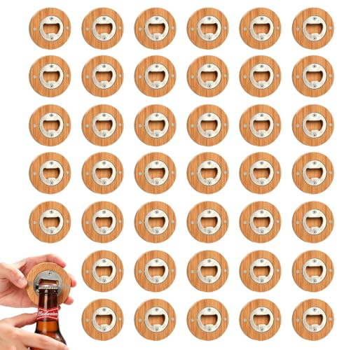 Abrebotellas de madera, 40 piezas, Abrebotellas redondo Adsorbible de Madera, Abrebotellas Magnético, Imanes de Nevera, Abrebotellas de bambú, Gran regalo personalizado para hombres