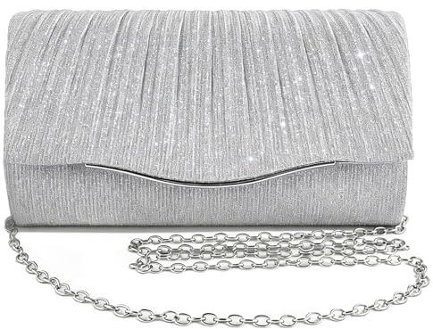 Bukecagif Clutch Silber, Clutch Abendtasche Silber Glitzer, Damen Handtasche mit Kette, Umhängetasche, für Hochzeit Party Abend, Bankett