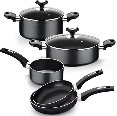MONIX Resistent Plus Batería De Cocina De 5 Piezas Y Set De 2 Sartenes, Aluminio, Negro
