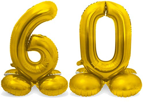 Stehende XXL-Folienballon-Set Zahl 60 in Gold als Deko für Geburtstag, Party und Jubiläum | Höhe: 72cm mit Basis | kein Ballongas notwenig | Zahlen Ballon Dekoration Folienballons