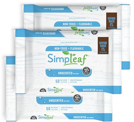 Simpleaf Flushable Wet Wipes Unscented | Plastic Free, Paraben & Alcohol Free | Hypoallergenic & Safe for Sensitive Skin | Soothing Aloe Formula | Adult Toilet Wipes (3 x 50 Counts Pack) 150 Counts