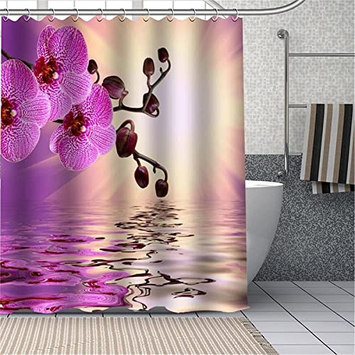 REBELA 3D Duschvorhang 180x200 Orchidee Duschvorhänge Antischimmel Wasserdicht Badevorhang Orchidee Duschrollo für Badewanne Dusche Shower Curtains, 12 Duschvorhang Ringe