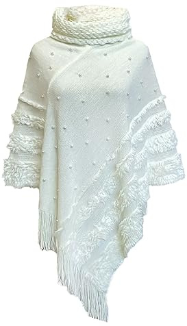 Rayson Mantella di Perle Donna Invernale Poncho a Collo Alto con Borlas Lavorato a Maglia Poncho Autunno Inverno(Bianco)
