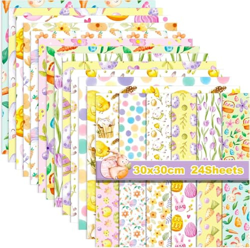 24 Blatt Ostern Muster Scrapbook Papier,12 Designs Doppelseitiges Ostereier Dekorpapier Scrapbook Craft Papier,12x12Inch Osterhase Craft Supplies Karte Herstellung Scrapbook