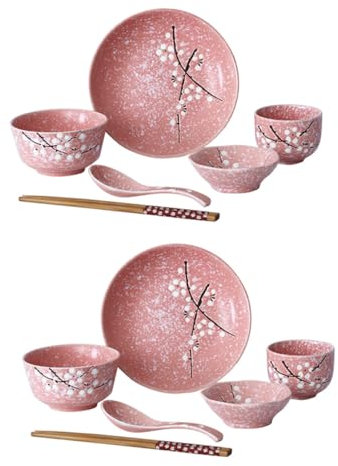 Ciieeo Set di Stoviglie e Posate in Ceramica Rosa Stile Giapponese, Kit 12 Pezzi per Uso Casa e Ristorante, Superfici Lisce Facili da Pulire, Servizio da Tavola Elegante per Riso, Zuppa