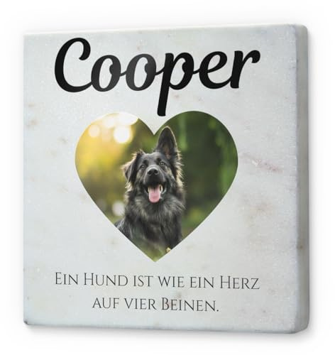CHRISCK design Hochwertiger Marmor Tier Grabstein für Hund, Katze und Co. - farbig Bedruckt mit Foto, Text und Motiven - Kleiner Gedenkstein als Andenken - Größe ca. 10x10 cm