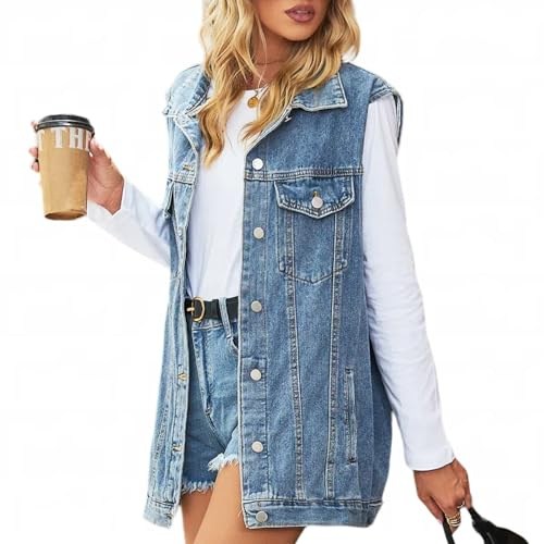 AUKLETBLIEF Chaqueta vaquera clásica suelta casual para mujer sin mangas con botón chaleco de mezclilla, azul, L