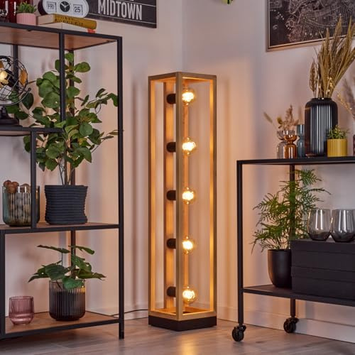 HOFSTEIN Ottersta golvlampa, golvlampa av trä/metall i naturfärger/svart, armatur i modern skandinavisk design, höjd 102,5 cm, med fotbrytare, 5 lampor, 5 x E27, utan glödlampor