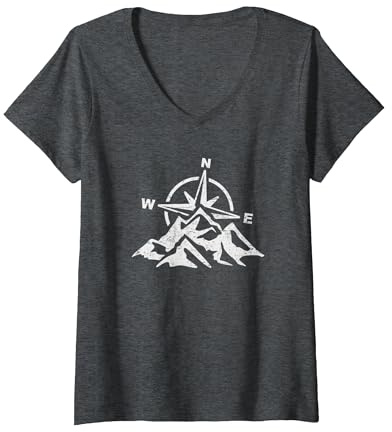 Damen Kompass Berge Wandern Bergsport Bergsteiger T-Shirt mit V-Ausschnitt