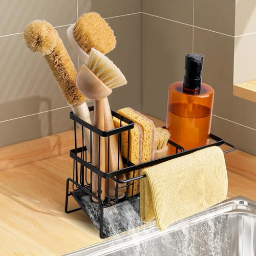 MainPi Organisateur d'évier de cuisine, organiseur d'évier avec égouttoir, porte-chiffon, porte-éponge, support de liquide vaisselle, support de chiffon de rinçage, plan de travail double usage, noir