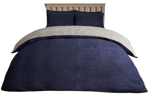 Brentfords Reversible Fleece Bedding Single, Teddy Fleece Duvet Cover with Pillowcase Ultra Soft Fluffy Thermal Warm Soft Bear Fleece Bedding Set - Navy/Grey, Single