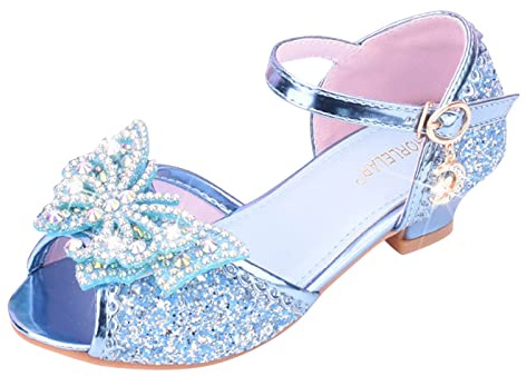 YIzdegg Flickskor 30, prinsesskor, flicka, öppen tå, festskor, Mary Jane ballerina, skor, strass, rosett, halkfria, dansskor, cosplay-skor med klack, remsandaler, sommarskor, blå, 26 EU