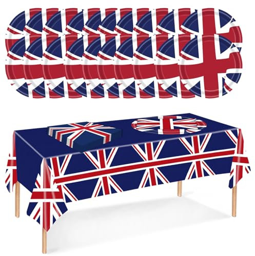 Union Jack Party Tableware for VE Day 80th Anniversary Decorations,37Pcs Union Jack Plates and Napkins Table Cloth Plastic,VE Day 80th Anniversary Flags for 80 Years Victory in Europe WW2 Decorations